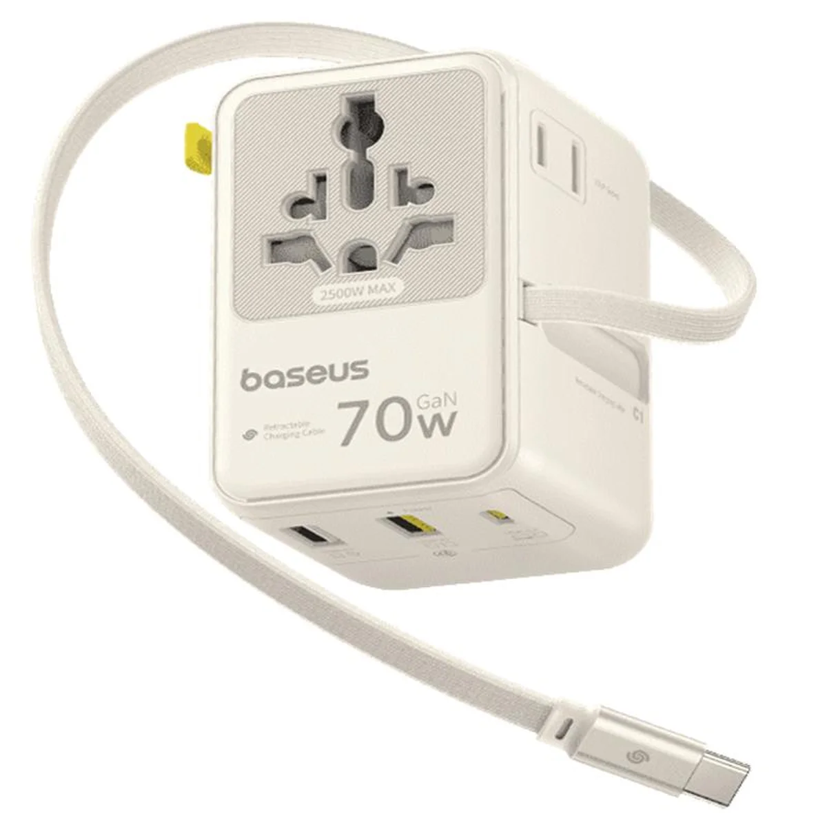 Сетевой универсальный переходник Baseus CG11 70W with retractable cable (2USB-A/3C/1Socket) (E0307E) Off-White