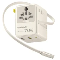 Сетевой универсальный переходник Baseus CG11 70W with retractable cable (2USB-A/3C/1Socket) (E0307E) Off-White