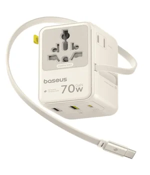 Сетевой универсальный переходник Baseus CG11 70W with retractable cable (2USB-A/3C/1Socket) (E0307E) Off-White