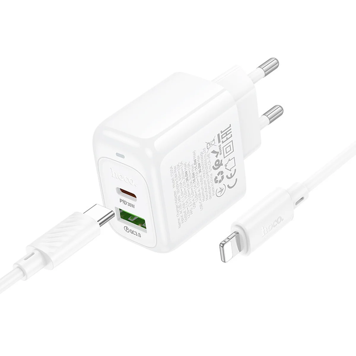 СЗУ Hoco CS55A Surplus PD30W+QC3.0 (1USB-A/1C) + кабель Type-C to Lightning White