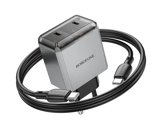 СЗУ Borofone BN21 Lena PD40W+QC3.0 (2USB-C) + кабель Type-C to Type-C Metal gray