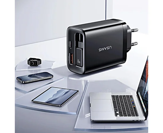 СЗУ Usams US-CC299 GaN With Retractable Type-C Cable Xiang Ser. 65W (1USB-A/1C) Black