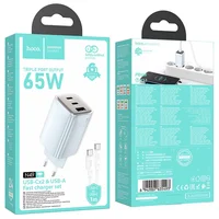 СЗУ Hoco N49 Glorious PD65W (1USB-A/2C) + кабель Type-C to Type-C Blue