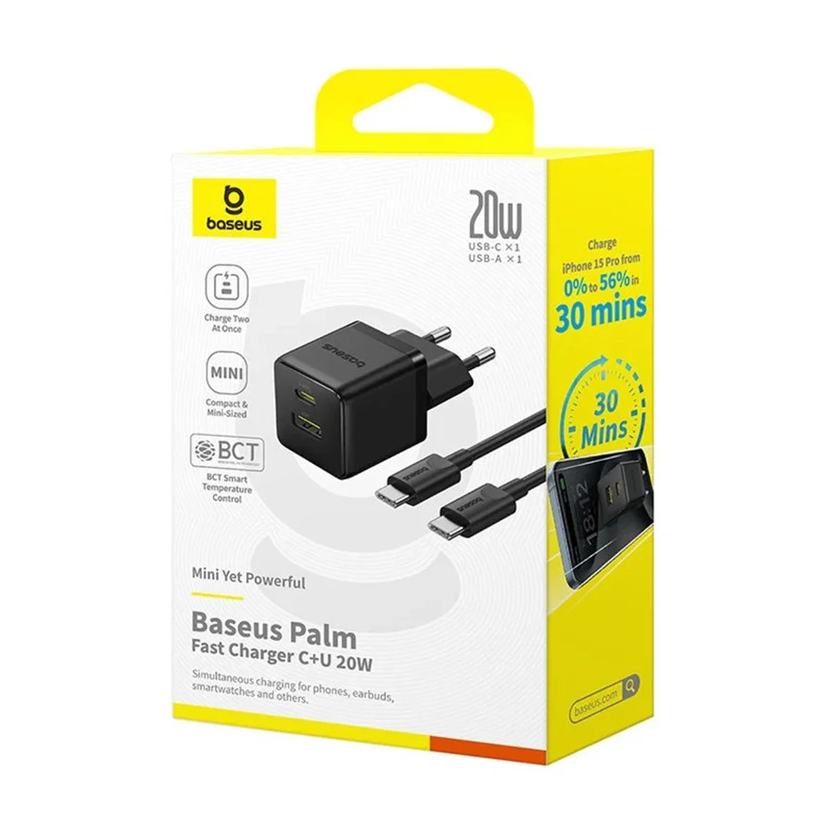 СЗУ Baseus Palm Fast Charger 20W (1USB-A/1C) + кабель Type-C to Type-C (P10111608) Cluster Black