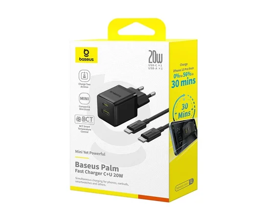 СЗУ Baseus Palm Fast Charger 20W (1USB-A/1C) + кабель Type-C to Type-C (P10111608) Cluster Black