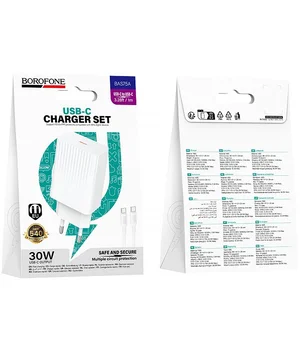 СЗУ Borofone BAS75A Source PD30W (1USB-C) + кабель Type-C to Type-C White