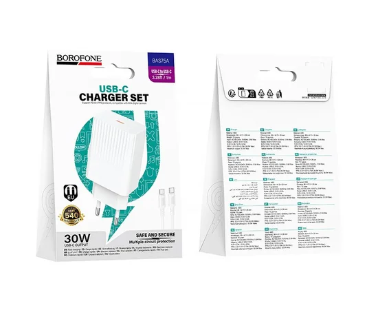 СЗУ Borofone BAS75A Source PD30W (1USB-C) + кабель Type-C to Type-C White