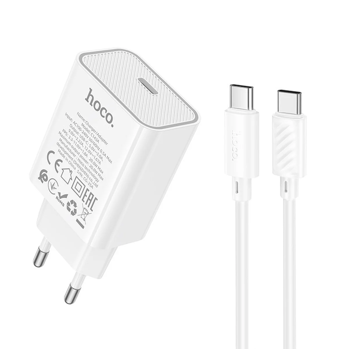 СЗУ Hoco C143A Benefit PD20W (1USB-C) + кабель Type-C to Type-C White