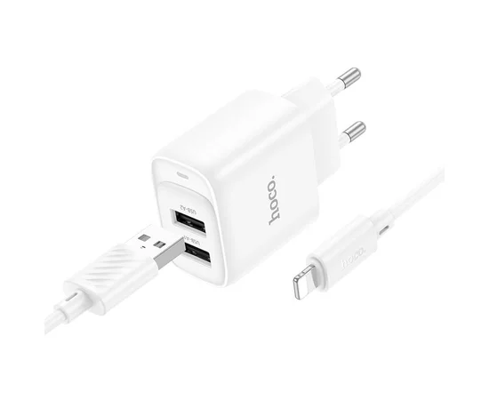 СЗУ Hoco C141A Smart 2.1A (2USB-A) + кабель USB to Lightning White