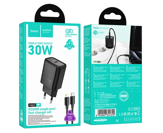 СЗУ Hoco N62 Gentle PD30W (1USB-C) + кабель Type-C to Lightning Black