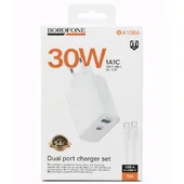 СЗУ Borofone BA108A Stellar PD30W+QC3.0 (1USB-A/1C) + кабель Type-C to Type-C White