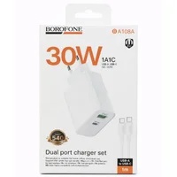 СЗУ Borofone BA108A Stellar PD30W+QC3.0 (1USB-A/1C) + кабель Type-C to Type-C White