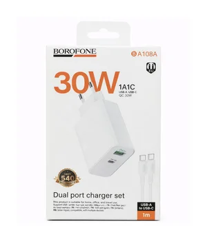 СЗУ Borofone BA108A Stellar PD30W+QC3.0 (1USB-A/1C) + кабель Type-C to Type-C White