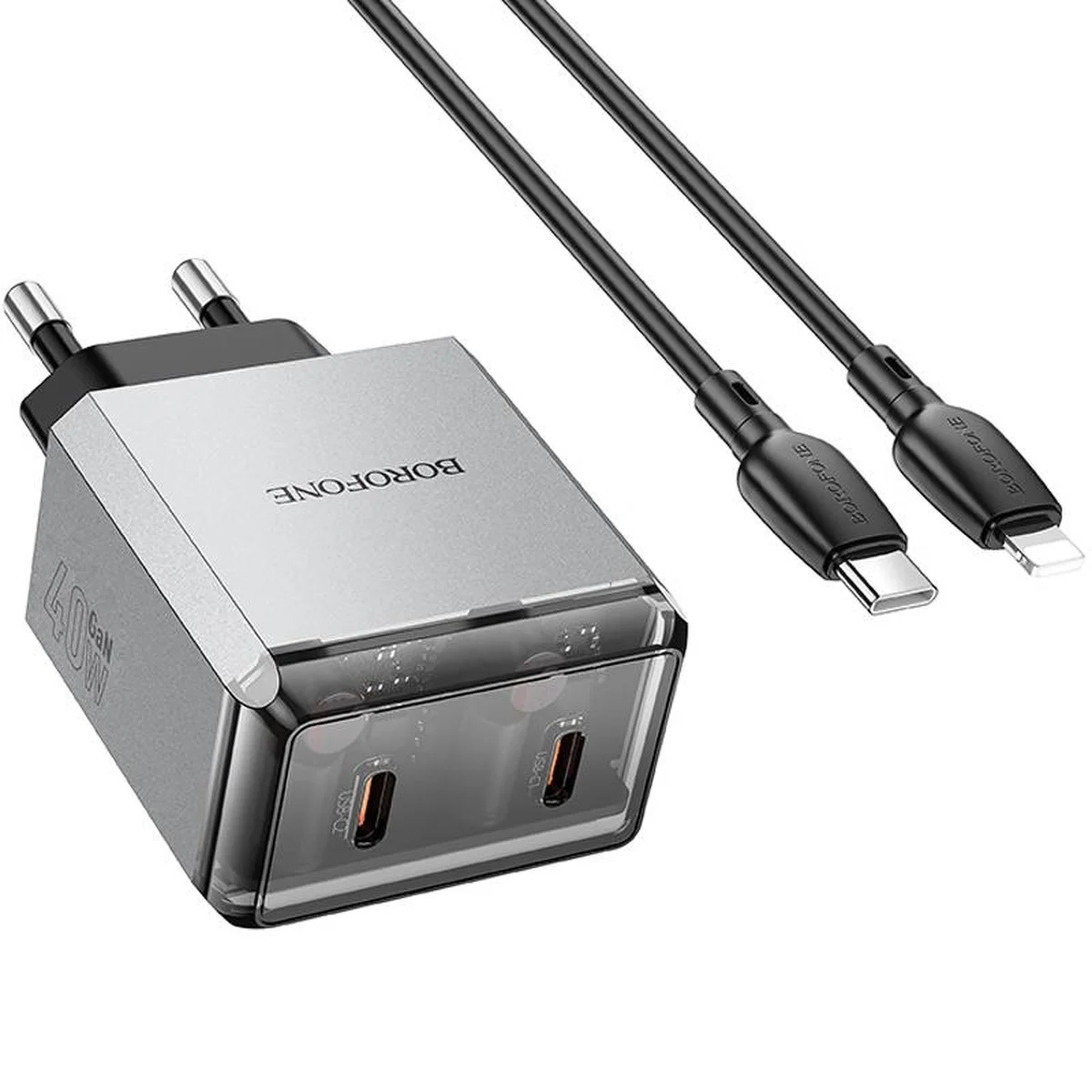 СЗУ Borofone BN21 Lena PD40W+QC3.0 (2USB-C) + кабель Type-C to Lightning Metal gray