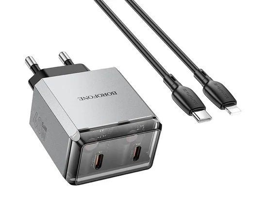 СЗУ Borofone BN21 Lena PD40W+QC3.0 (2USB-C) + кабель Type-C to Lightning Metal gray