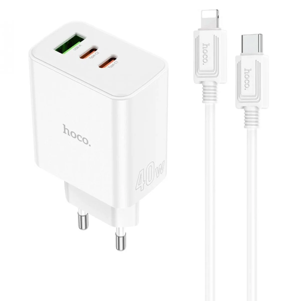 СЗУ Hoco C126A PD40W+QC3.0 (1USB/2Type-C) + Type-C to Lightning White