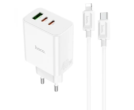 СЗУ Hoco C126A PD40W+QC3.0 (1USB/2Type-C) + Type-C to Lightning White