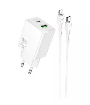 СЗУ Hoco N71 Nuevo PD30W+QC3.0 (1USB-A/1C) + кабель Type-C to Lightning White