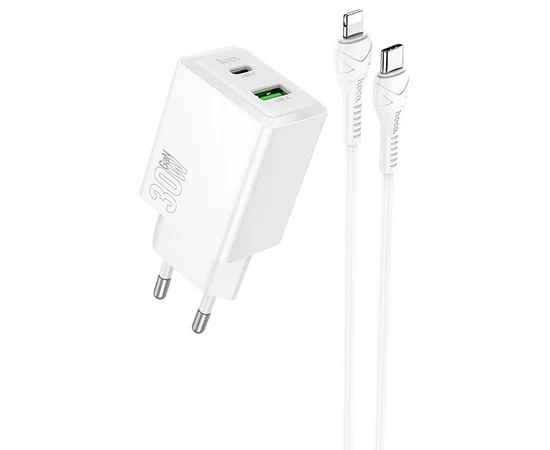 СЗУ Hoco N71 Nuevo PD30W+QC3.0 (1USB-A/1C) + кабель Type-C to Lightning White