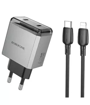 СЗУ Borofone BN21 Lena PD40W+QC3.0 (2USB-C) + кабель Type-C to Lightning Metal gray