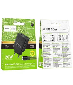 СЗУ Hoco CS94A Leader PD20W+QC3.0 (1USB-A/1C) + кабель Type-C to Type-C Black
