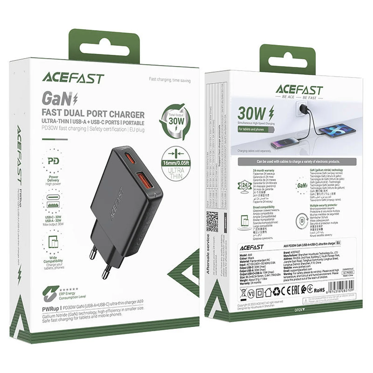 СЗУ Acefast A69 PD30W GaN (USB-C+USB-A) Black