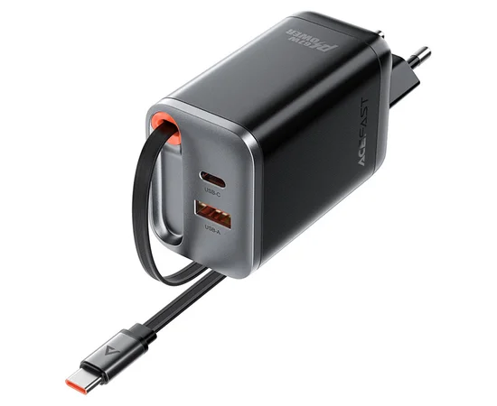 СЗУ Acefast A111 GaN With Retractable Cable Type-C PD67W (1USB-A/1C) Black