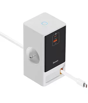 СЗУ Baseus OS PowerCombo Digital PowerStrip+Retractable-C 65W (1USB-A/1C/2Socket) (1.5m) (PSLR000) Glacier White