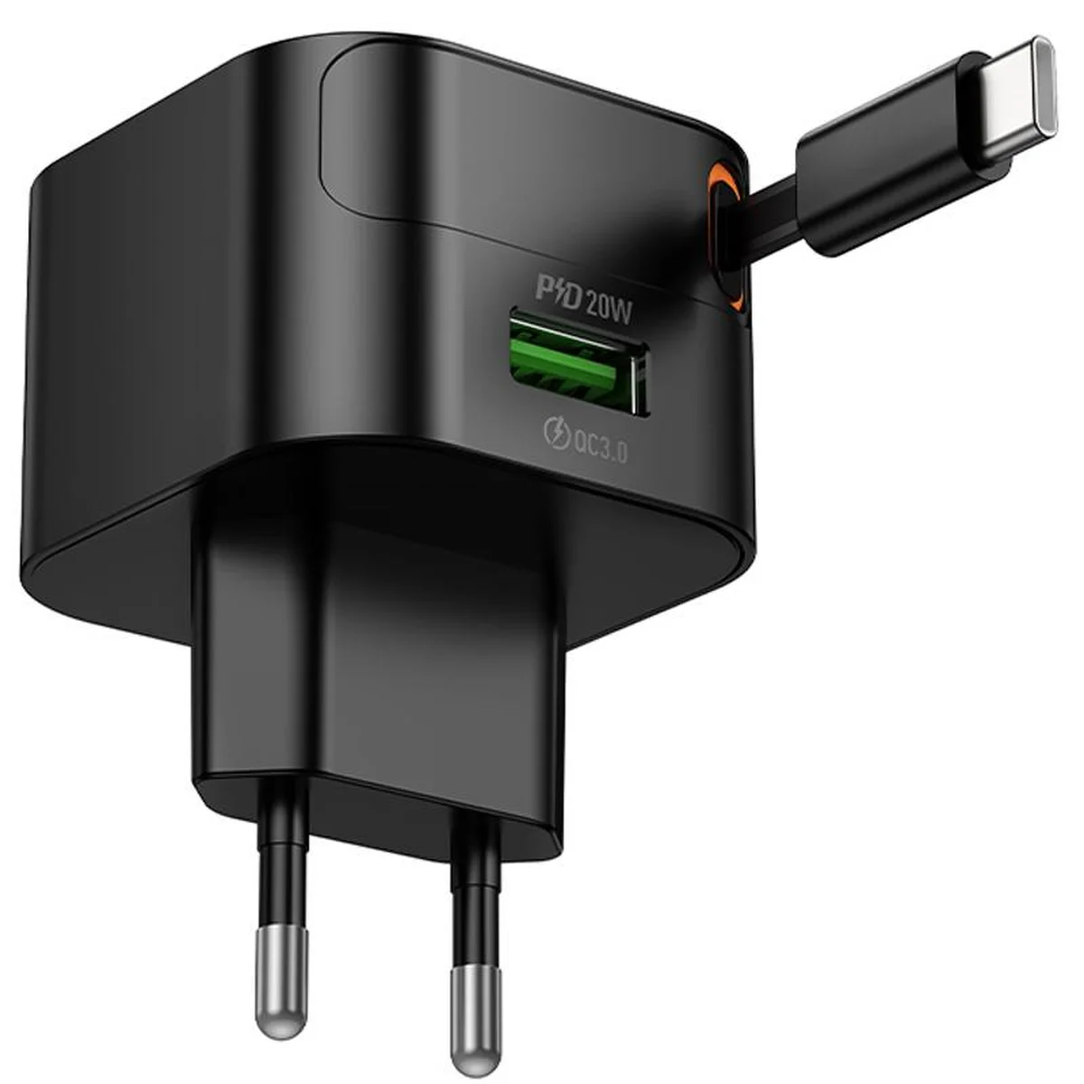 СЗУ Hoco C154A Changer With Retractable Cable Type-C PD20W+QC3.0 (1USB-C) Black