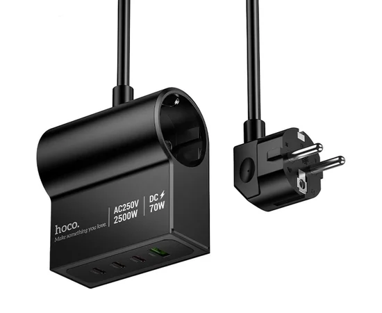 СЗУ Hoco AC34 Win 2 position 70W QC+PD (1USB-A/3C/1Socket) (1.5m) Black
