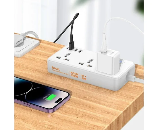 Удлинитель Hoco AC8A Storm (PD30W/1C/3A/3xSocket) (1.5m) White