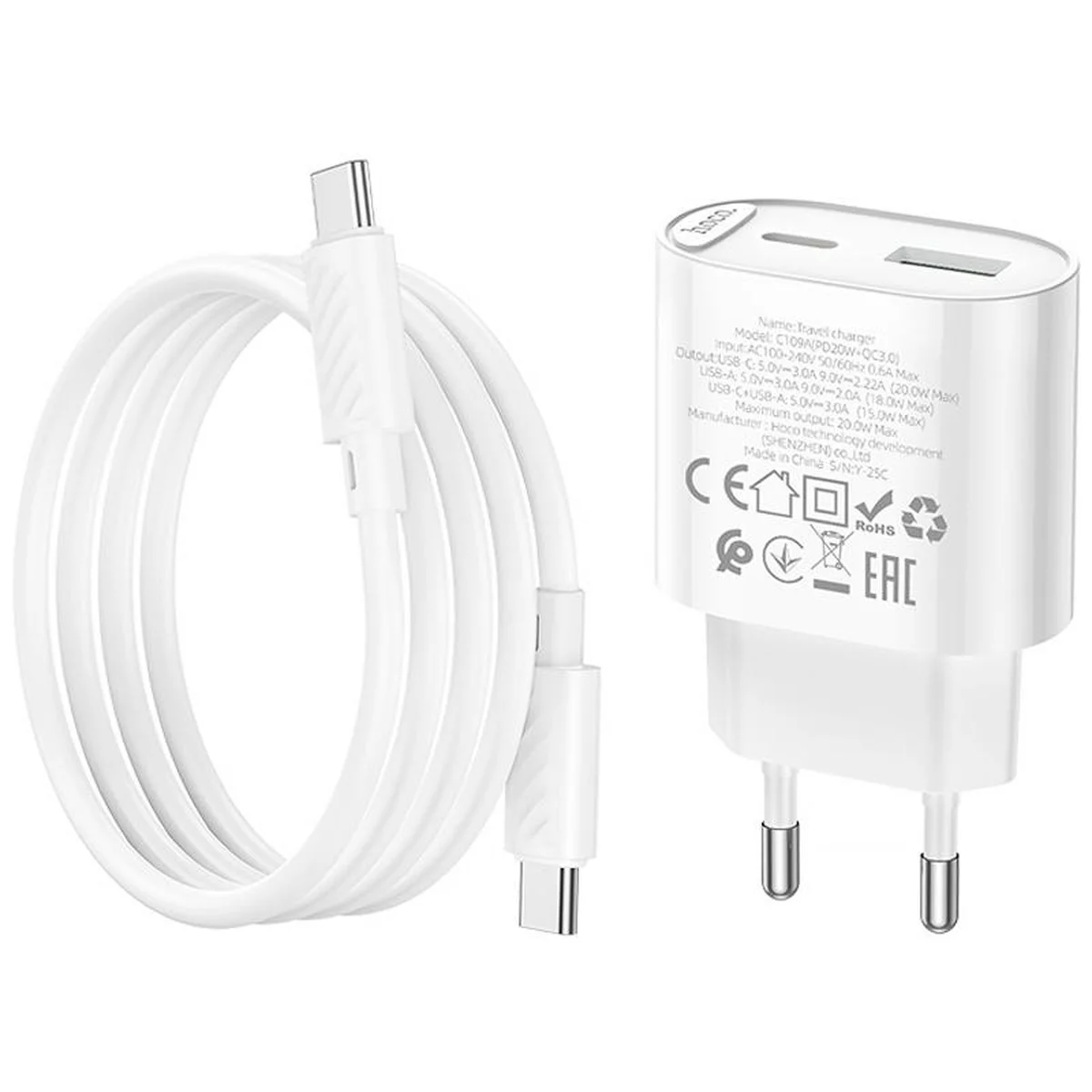 СЗУ Hoco C109A Fighter PD20W+QC3.0 (1USB-A/1C) + кабель Type-C to Type-C White