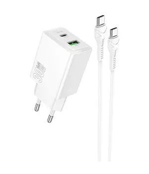 СЗУ Hoco N71 Nuevo PD30W+QC3.0 (1USB-A/1C)  + кабель Type-C to Type-C White