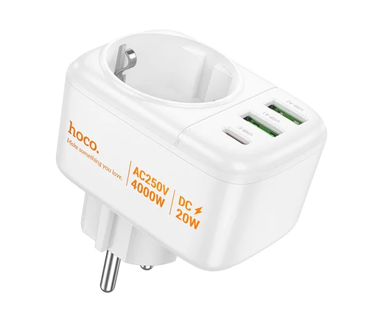СЗУ Hoco AC26 Changer Outlet Extender 20W (2USB-A/1C/1Socket) White