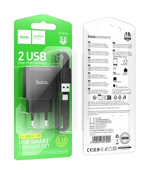 СЗУ Hoco C141A Smart 2.1A (2USB-A) + кабель USB to Type-C Black