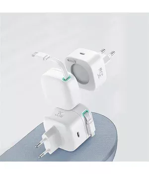 СЗУ Usams US-CC202 GaN With Type-C Magnetic Retractable Cable Module XMF Ser. 35W (2USB-C) White