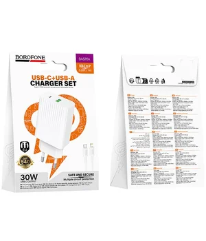 СЗУ Borofone BAS76A Source PD30W+QC3.0 (1USB-A/1C) + кабель Type-C to Lightning White