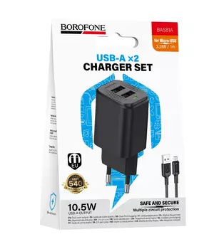 СЗУ Borofone BAS81A Star 10.5W (2USB-A) + кабель USB to MicroUSB Black