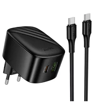 СЗУ Hoco CS102A Folding PD30W+QC3.0 (1USB-A/1C) + кабель Type-C to Type-C Black