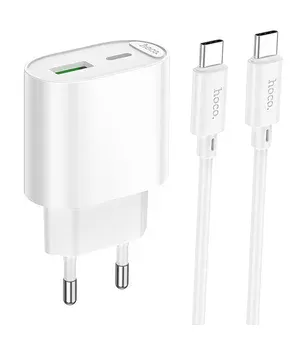 СЗУ Hoco C109A Fighter PD20W+QC3.0 (1USB-A/1C) + кабель Type-C to Type-C White