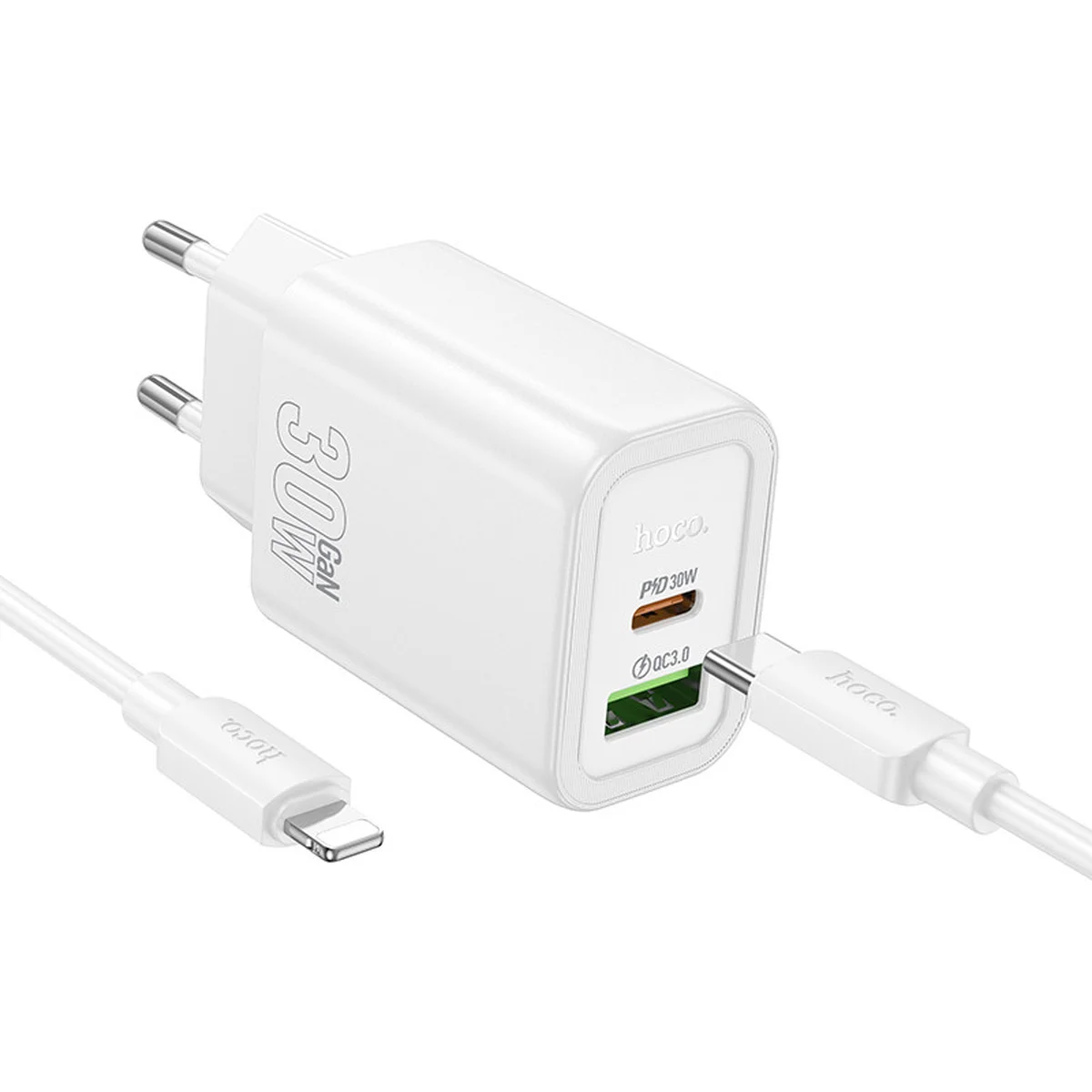 СЗУ Hoco N63 Gentle PD30W+QC3.0 (1USB-A/1C) + кабель Type-C to Lightning White