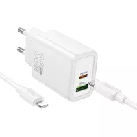 СЗУ Hoco N63 Gentle PD30W+QC3.0 (1USB-A/1C) + кабель Type-C to Lightning White
