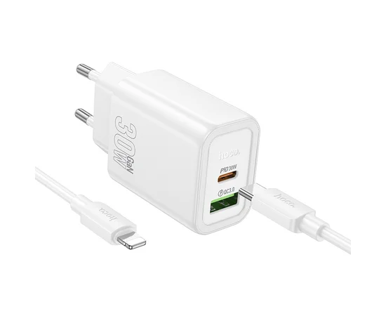 СЗУ Hoco N63 Gentle PD30W+QC3.0 (1USB-A/1C) + кабель Type-C to Lightning White