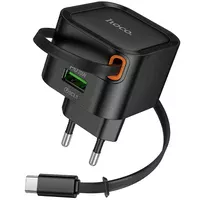 СЗУ Hoco C154A Changer With Retractable Cable Type-C PD20W+QC3.0 (1USB-C) Black