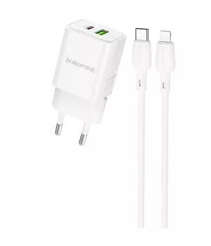 СЗУ Borofone BN14 Royal PD30W+QC3.0 (1USB-A/1C) + кабель Type-C to Lightning White