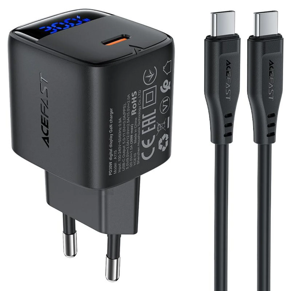 СЗУ Acefast A115 PD30W GaN (1USB-C) + кабель Type-C to Type-C Black