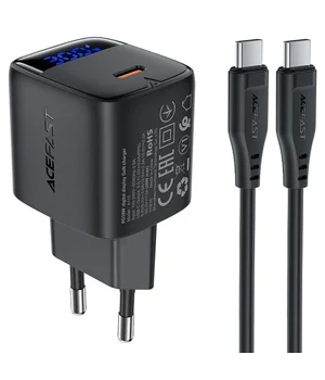 СЗУ Acefast A115 PD30W GaN (1USB-C) + кабель Type-C to Type-C Black