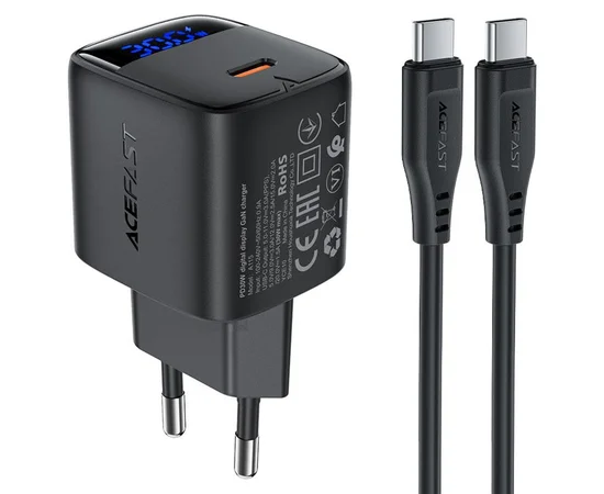 СЗУ Acefast A115 PD30W GaN (1USB-C) + кабель Type-C to Type-C Black