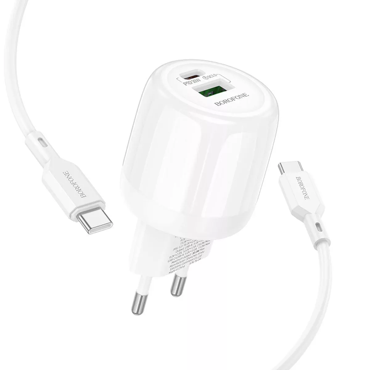 СЗУ Borofone BA94A Lustrous PD30W+QC3.0 (1USB-A/1C) + кабель Type-C to Type-C White