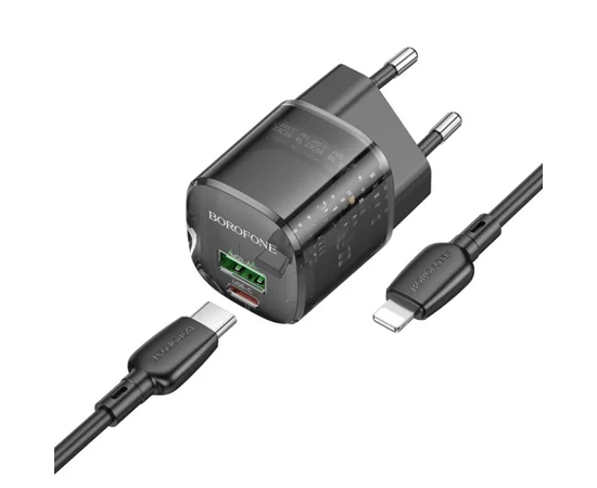 СЗУ Borofone BN17 Sunlight PD20W+QC3.0 (1USB-A/1C) + кабель Type-C to Lightning Transparent black